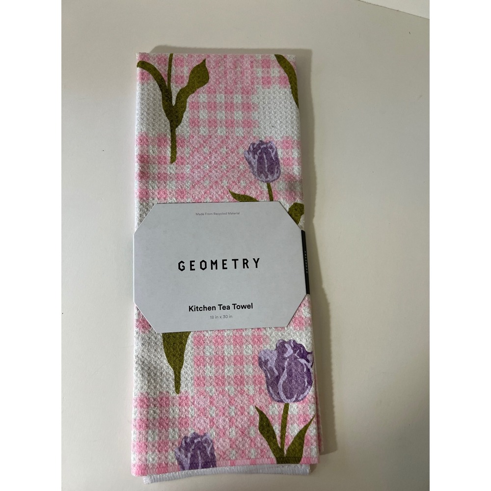 Geometry Kitchen Tea Towels Gingham Tulips Pink White‎ Purple NWT